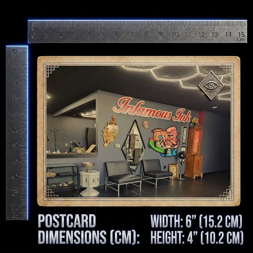 Postcard with measurements: 4 inches by 6 inches, used as a tattoo removal size reference