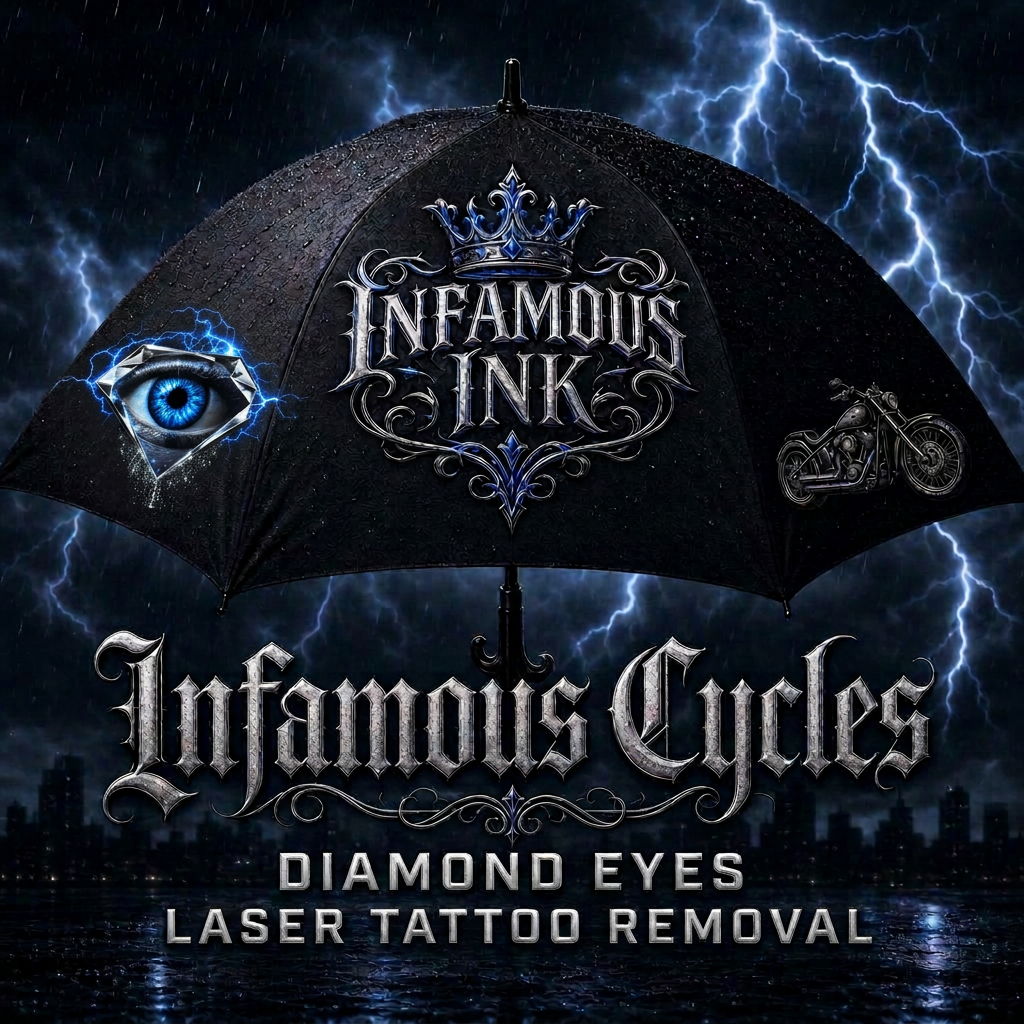 Infamous Ink umbrella sheltering Infamous Cycles and Diamond Eyes tattoo removal